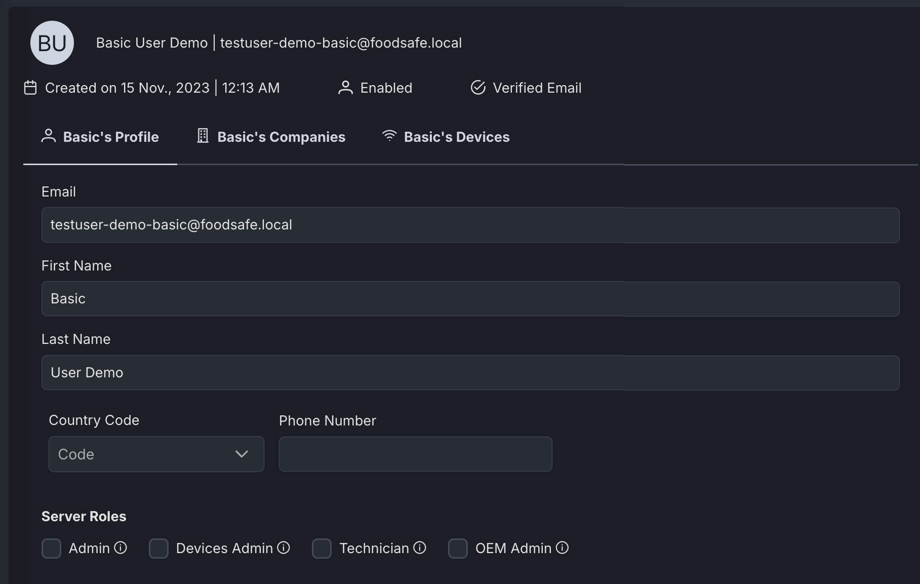 Admin panel with organization hierarchy, user roles, and access controls