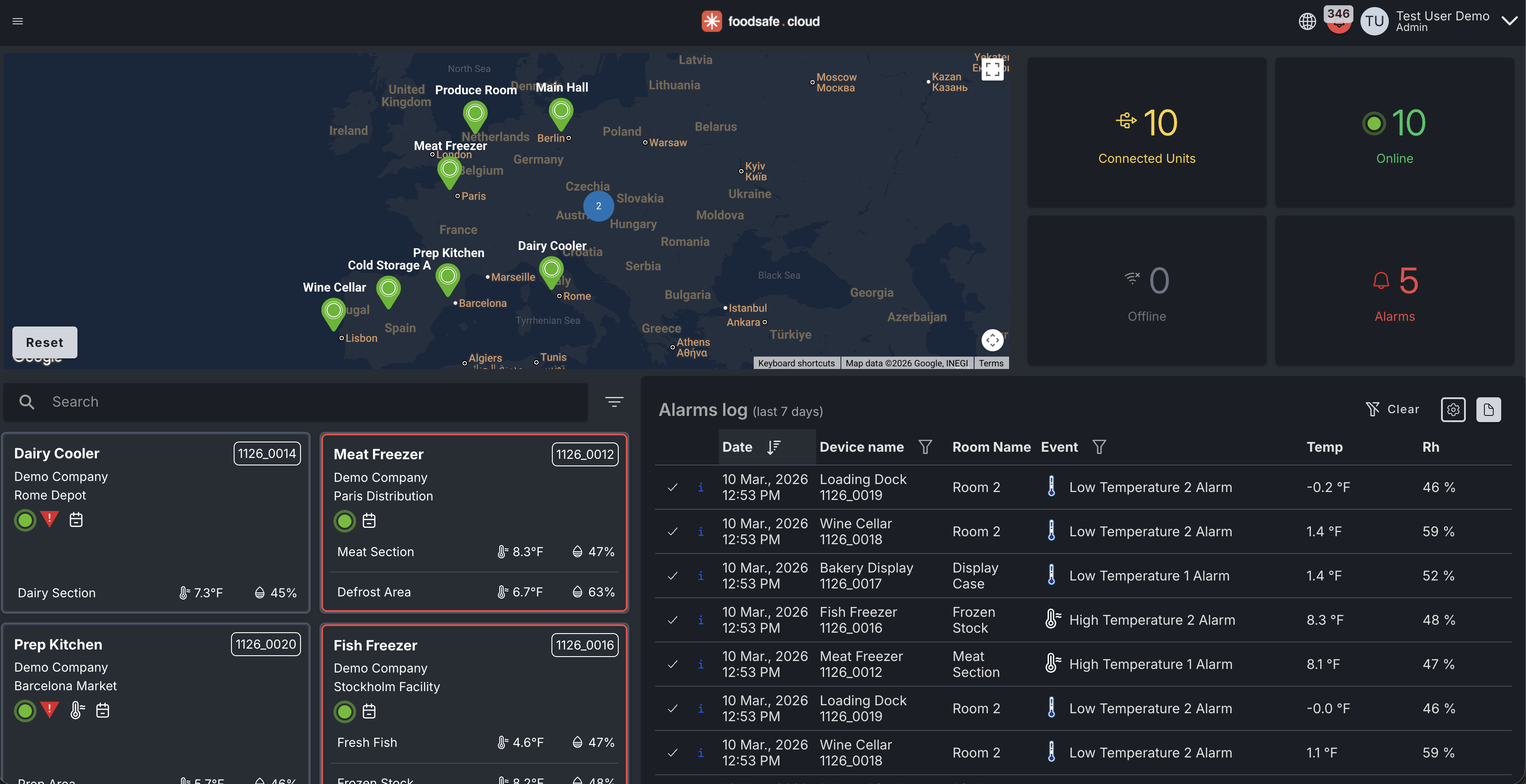foodsafe.cloud dashboard showing global device monitoring with map view and alarms log