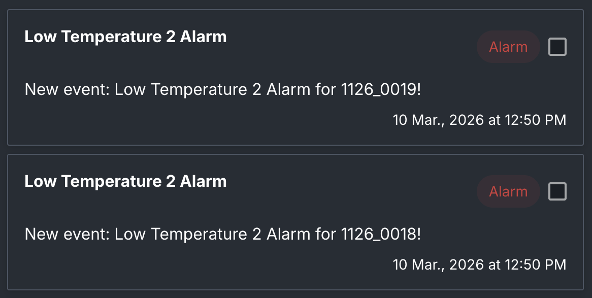 Real-time alert notifications for temperature and door events