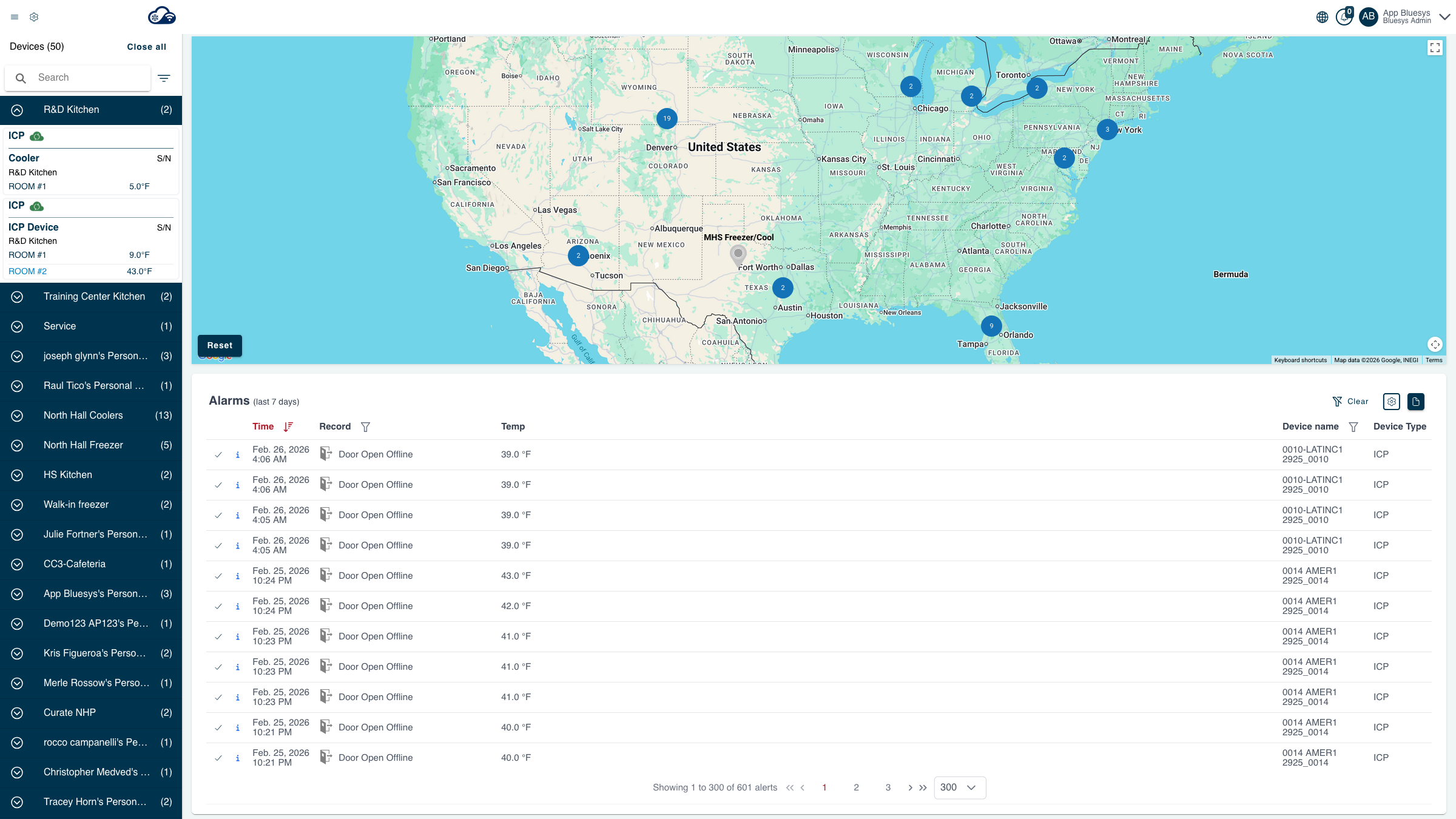 foodsafe.cloud dashboard showing global device monitoring with map view and alarms log