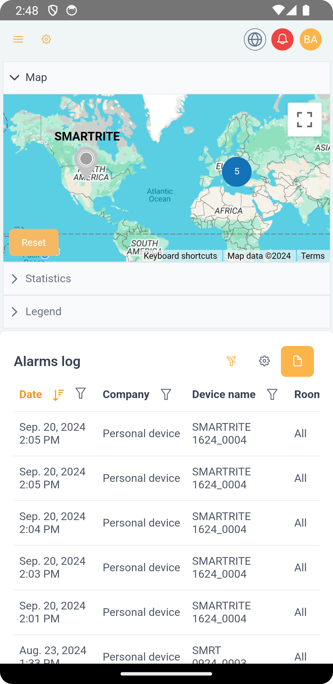 foodsafe.cloud mobile app showing device monitoring
